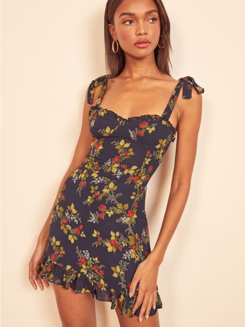 Black Floral Orange Print Tie-Strap Sundress